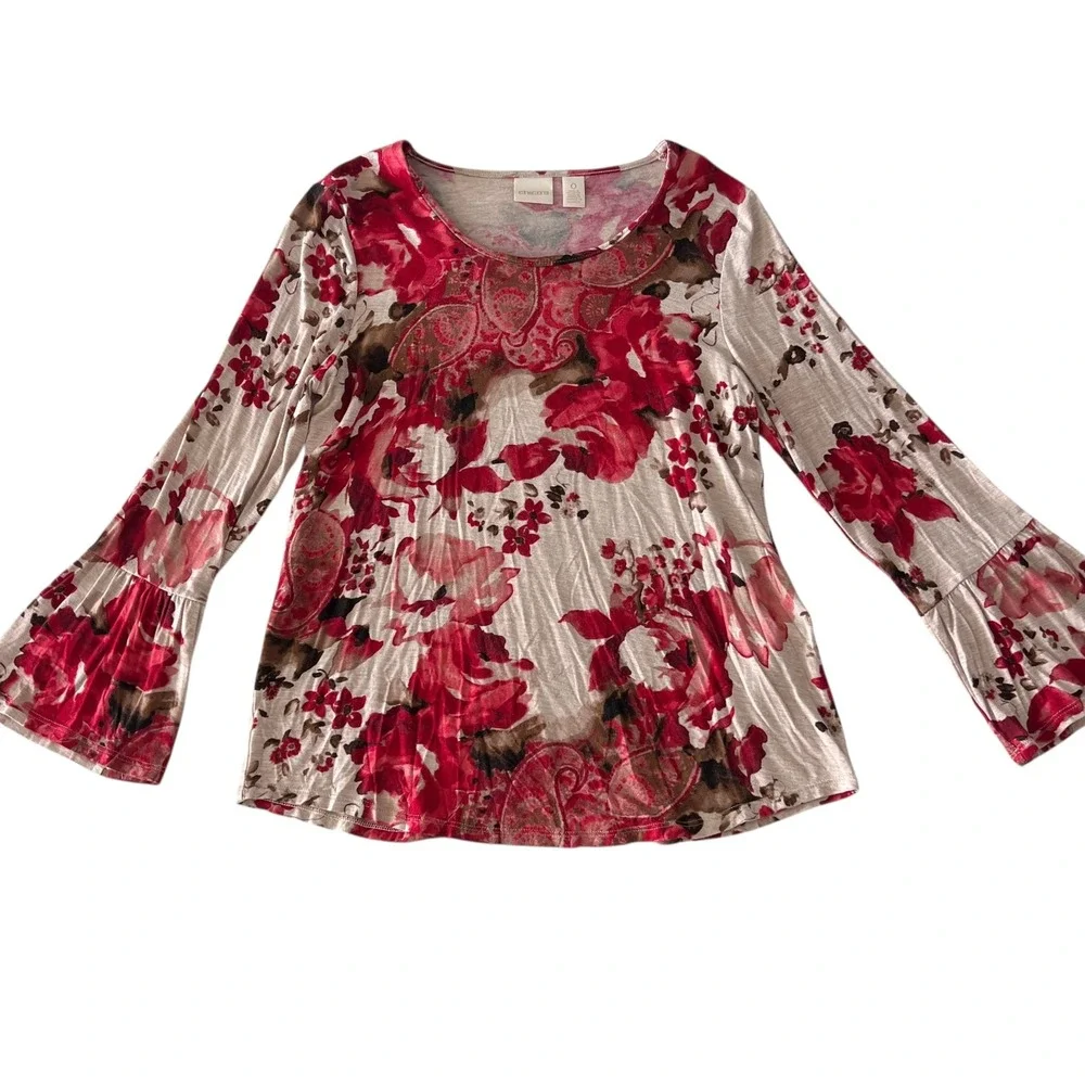 Chicos Size 0 Small Floral Paisley Print Bell Sleeve‎ Top Blouse Soft Knit Boho